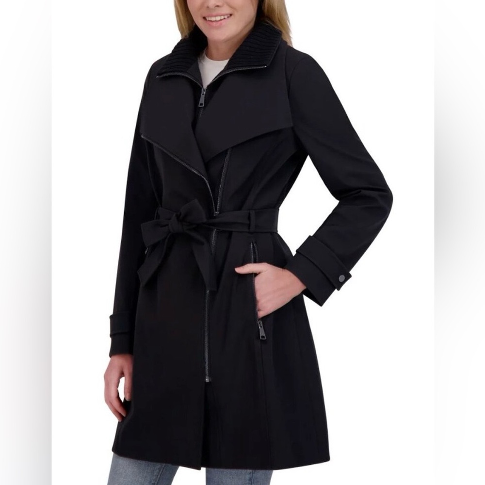 NEW Woman’s Halston Heritage Black Zip-Front Trench with Self-Tie Belt Small